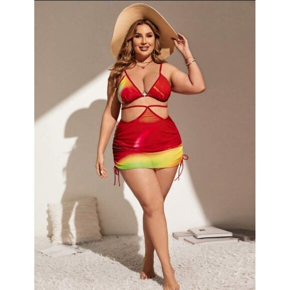 Three-Piece Plus Size Bikini & Cover-Up Set With Rainbow Gradient Print 3XL Shei - Picture 4 of 4